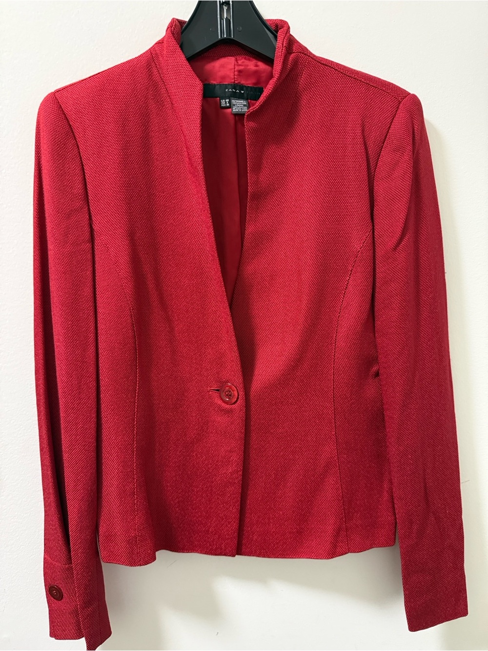 Zara Woman Single Button Red Structured Blazer with Shoulder Pads. Size 8.